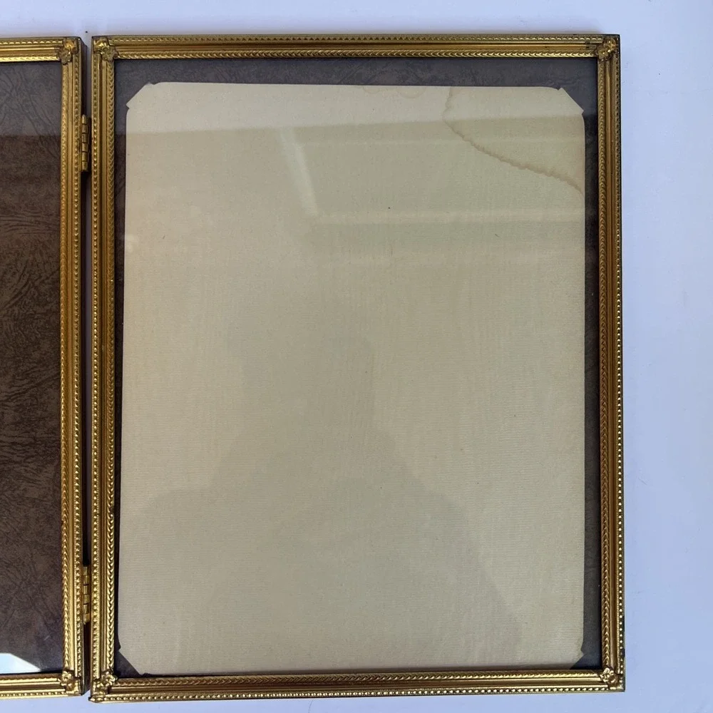 VTG Gold Tone Brass Bi Fold Double Hinged Picture Frame Holds Two 8x10 Photos
